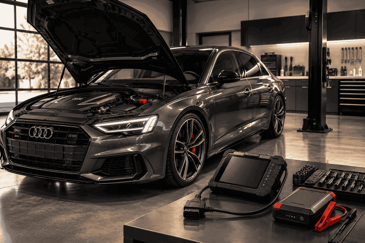 Modern car in a workshop with diagnostic and roadside tools